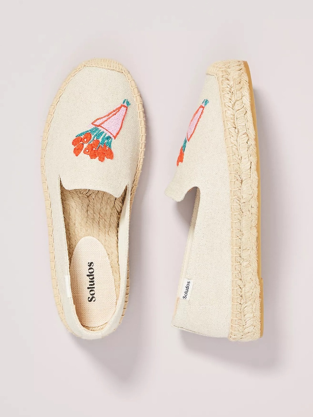 Soludos Tulip Bunch Tan Embroidered Espadrille Flats - Size 8